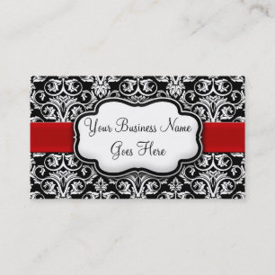 Carte De Visite Chic Noir/Blanc Damassé Ruban Rouge