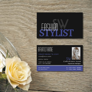 Carte De Visite Chic noir bleu blanc simple Monogramme et photo