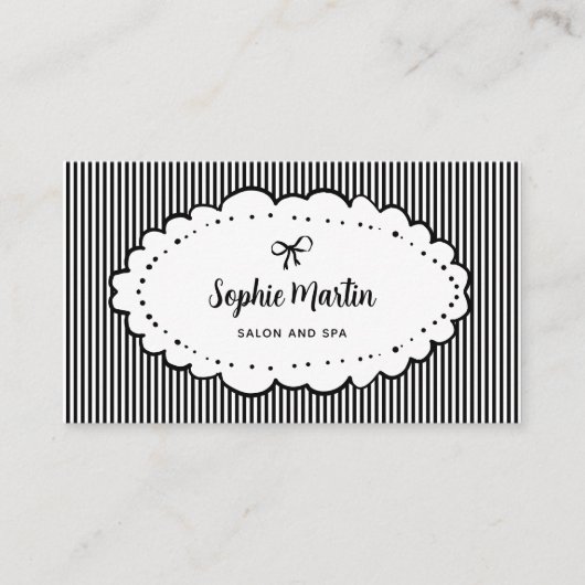 Carte De Visite Chic noir et blanc rayures et bow | Code QR (Devant)