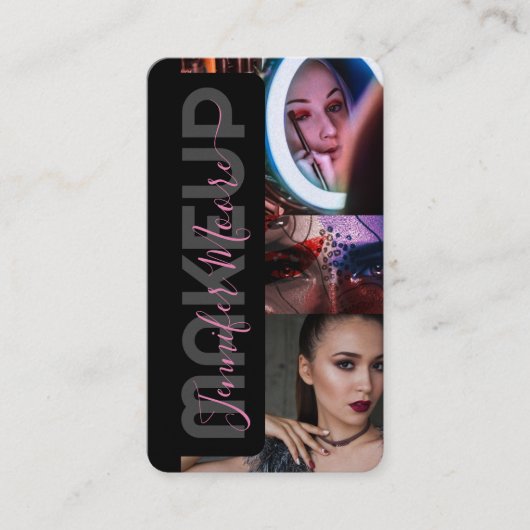 Carte De Visite Chic noir et rose 3 Photos Qr Code Beauté (Devant)