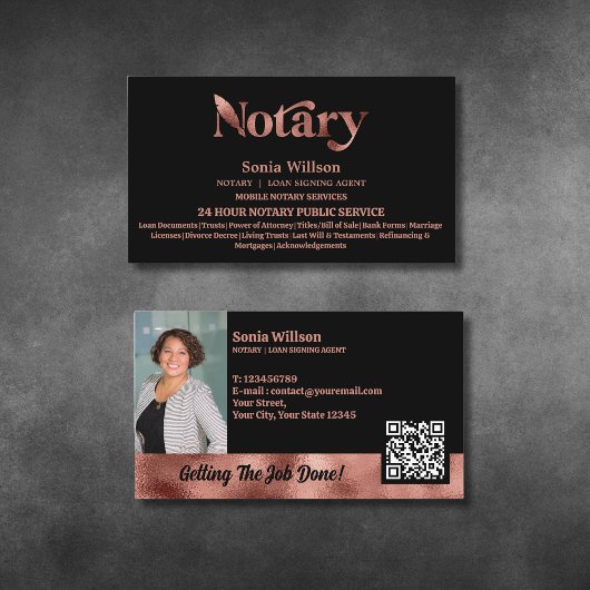 Carte De Visite Chic Notaire Public Rose Gold Photo QR Code