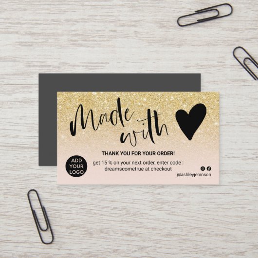 Carte De Visite Chic or blush rose merci fait avec amour (Devant/Arrière en situation)
