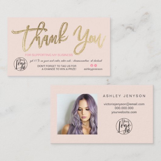 Carte De Visite Chic or script photo logo rose commande merci (Devant / Derrière)