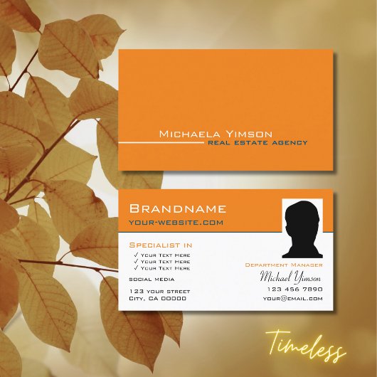 Carte De Visite Chic orange et blanc avec professionnel photo