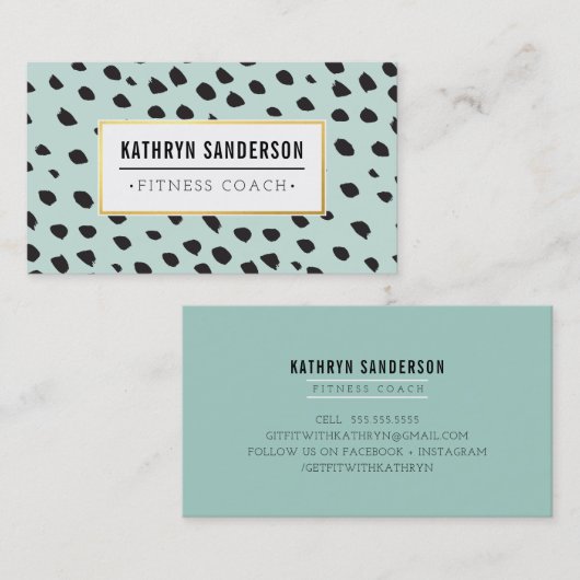 Carte De Visite CHIC paint dabs traits points noir or menthe (Devant / Derrière)