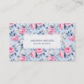 Carte De Visite Chic Pastel Chic Roses Rose Motif Sur Bleu (Devant)