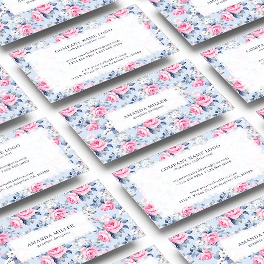 Carte De Visite Chic Pastel Chic Roses Rose Motif Sur Bleu