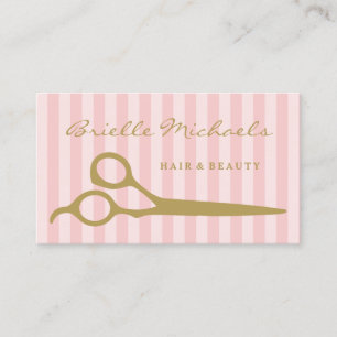 Carte De Visite Chic Pink Stripes Gold Scissors Coiffure et beauté