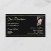 Carte De Visite Chic Plain Noir Golden Stripes avec logo et photo (Dos)