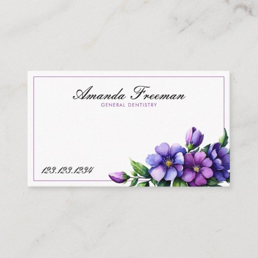 Carte De Visite Chic Purple Aquarelle Fleurs Dentiste (Devant)