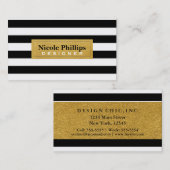 Carte de visite chic rayée noir et blanc avec or (Devant / Derrière)