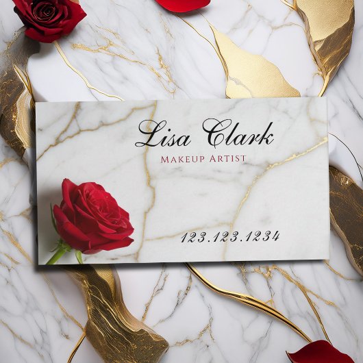Carte De Visite Chic Red Rose White Marble Gold Vein Makeup Artist