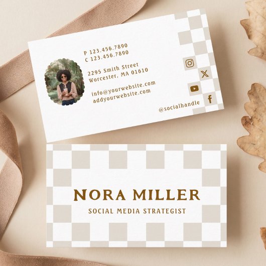 Carte De Visite Chic Retro Checkered Pattern Content Creator Photo