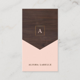 Carte De Visite Chic rose, bois foncé et or élégant Monogramme