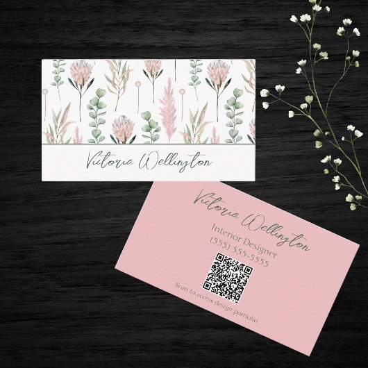 Carte De Visite Chic rose et vert pays Floral QR Code