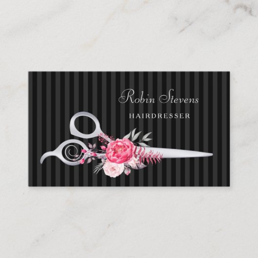 Carte De Visite Chic rose floral coiffeur Faux ciseaux d'argent (Devant)