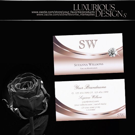 Carte De Visite Chic Rose Gold Blanc avec Monogram Sparkle Diamond
