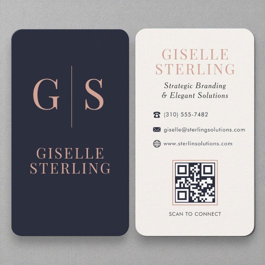 Carte De Visite Chic Rose or Monogramme Marine bleu QR Code