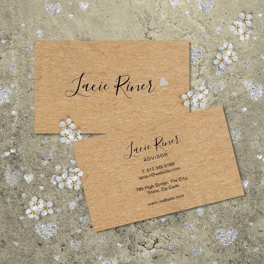 Carte De Visite Chic Script Cœur d'Amour Argent Kraft Rustique