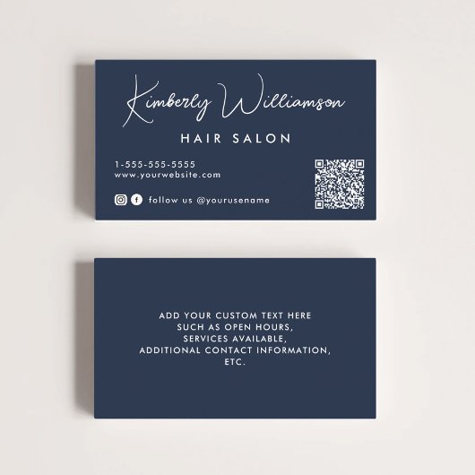 Carte De Visite Chic Signature Script QR Code Bleu