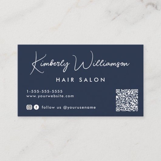 Carte De Visite Chic Signature Script QR Code Bleu (Devant)