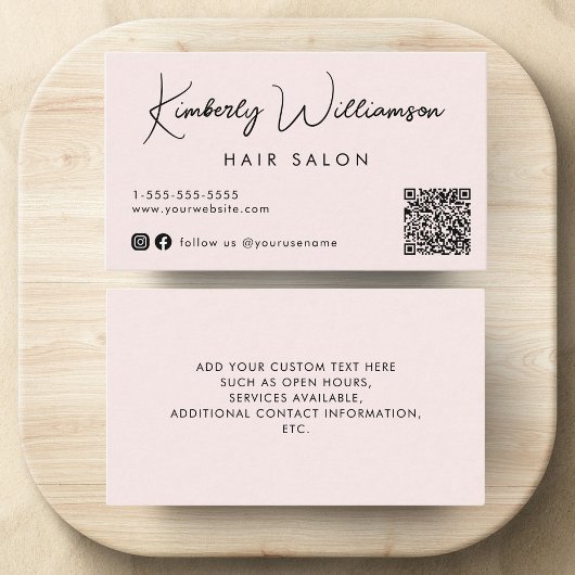 Carte De Visite Chic Signature Script QR Code rose