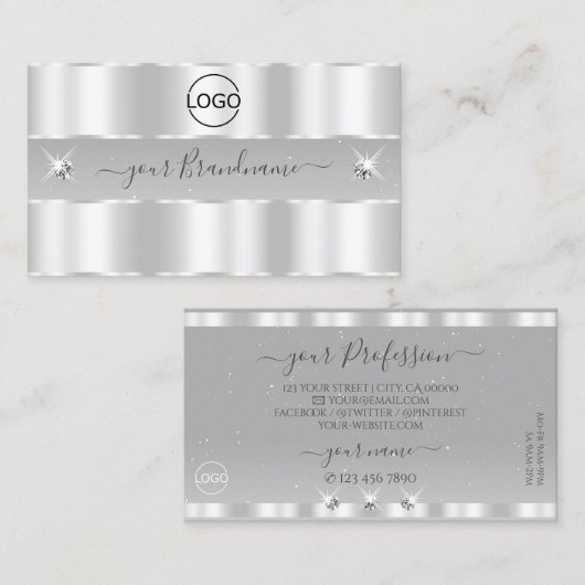 Carte De Visite Chic Silver Gris Clair Diamants Parkling Ajouter L (Devant / Derrière)