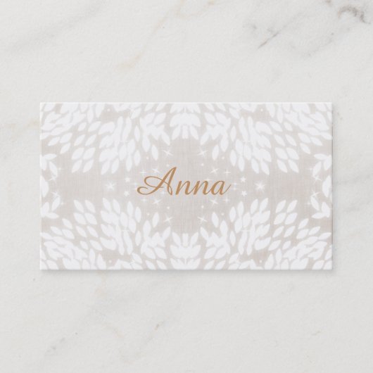 Carte De Visite Chic Simple Nom Feuilles blancs FAUX Linge beige (Devant)