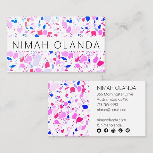 Carte De Visite Chic Terrazzo Elégant fait main simple bleu violet (Devant / Derrière)