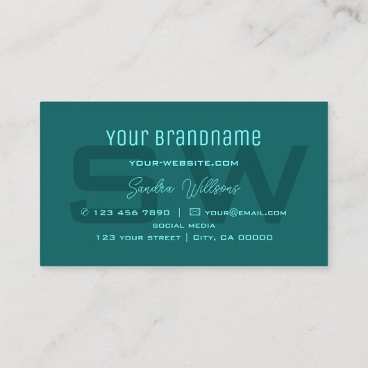 Carte De Visite Chic Turquoise foncé clair avec Monogramme et Logo (Dos)