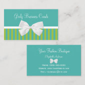 Carte De Visite Chic Turquoise Lime Stripes White Bow Boutique (Devant / Derrière)