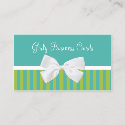 Carte De Visite Chic Turquoise Lime Stripes White Bow Boutique (Devant)