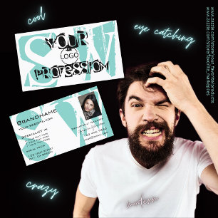 Carte De Visite Chic Turquoise noir avec logo photo et monogramme