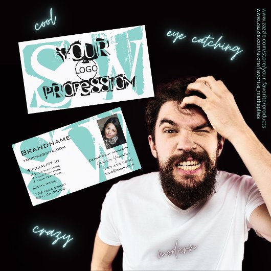 Carte De Visite Chic Turquoise noir avec logo photo et monogramme