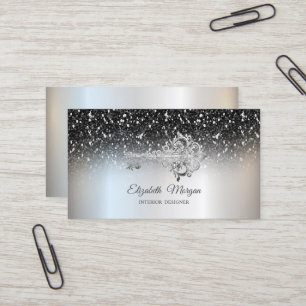 Carte De Visite Chic Vintage Kay Noir Paillettes Sequins Argent