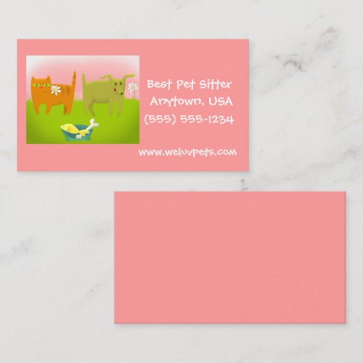 Carte De Visite Chien et chat rose et vert assis (Devant / Derrière)