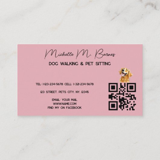 Carte De Visite Chien rose roux Walker Sitter QR Code moderne (Dos)