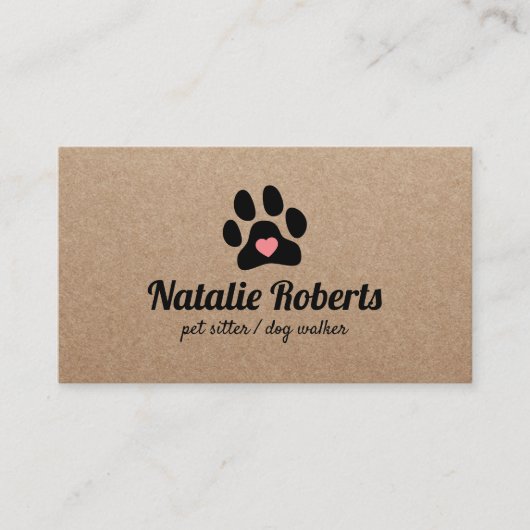 Carte De Visite Chien Walker Animal Sitter Paw Heart Rustique Kraf (Devant)