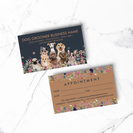 Carte De Visite Chiens huit chiots avec fleurs Rendez-vous