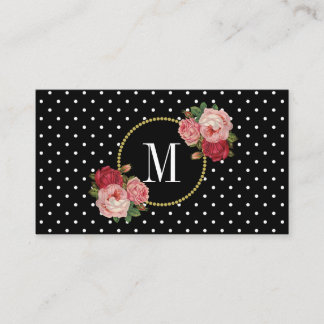 Carte De Visite Chiffres blancs noirs Monogramme floral Rose Vinta