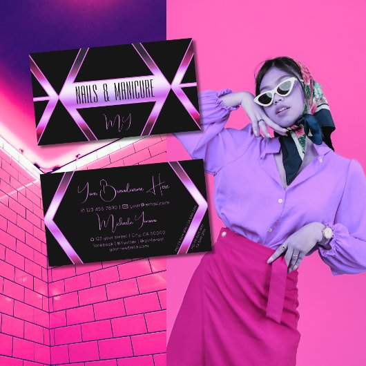 Carte De Visite Chimmer rouge rose géométrique noir avec Monogramm