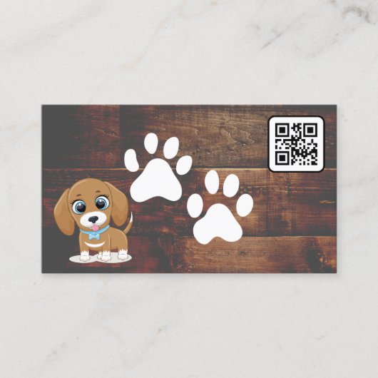Carte De Visite Chiot | Cute Doggie Paws | Bois | Code QR (Devant)