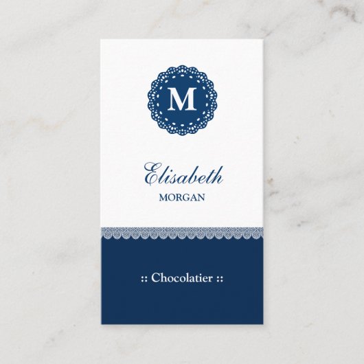 Carte De Visite Chocolatier Élégant Dentelle Bleue Monogramme (Devant)