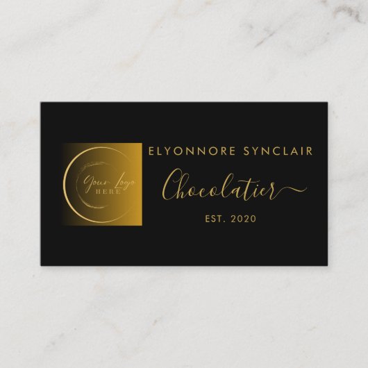 Carte De Visite Chocolatier élégant logo écriture noir or (Devant)