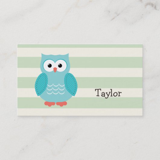 Carte De Visite Chouette turquoise sur Pastel Green Stripes (Dos)