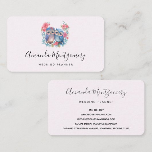 Carte De Visite Chouettes amoureuses Assis sur une branche d'arbre (Devant / Derrière)