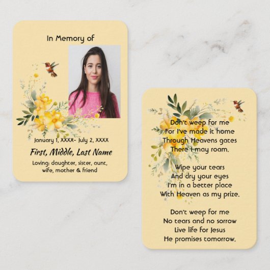Carte De Visite Christian Memorial Hummingbird Yellow Roses (Devant / Derrière)