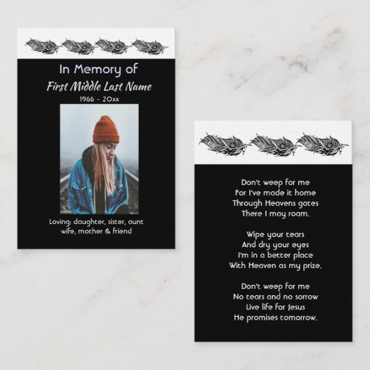 Carte De Visite Christian Memorial Keepsake Feather Tribal Boho  (Devant / Derrière)