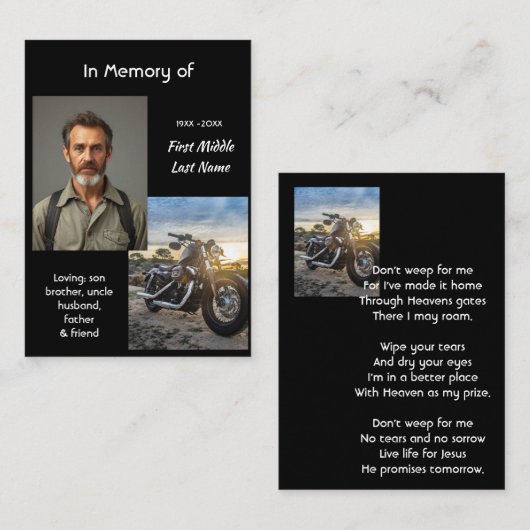Carte De Visite Christian Memorial Keepsake Motorcycle Chopper (Devant / Derrière)