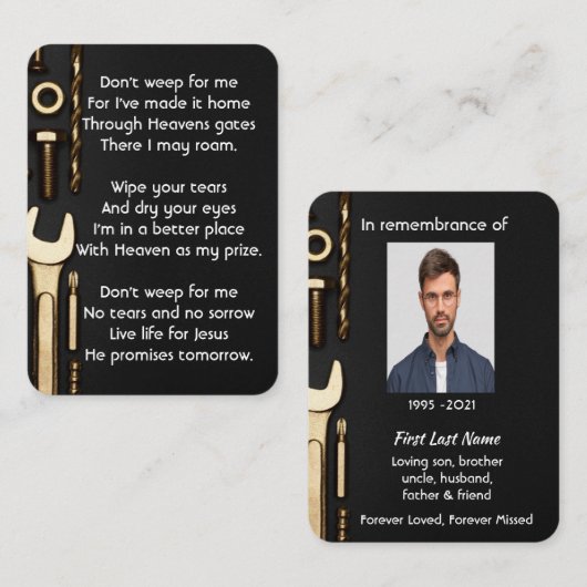 Carte De Visite Christian Mémorial Outils de prière photo Mécaniqu (Devant / Derrière)